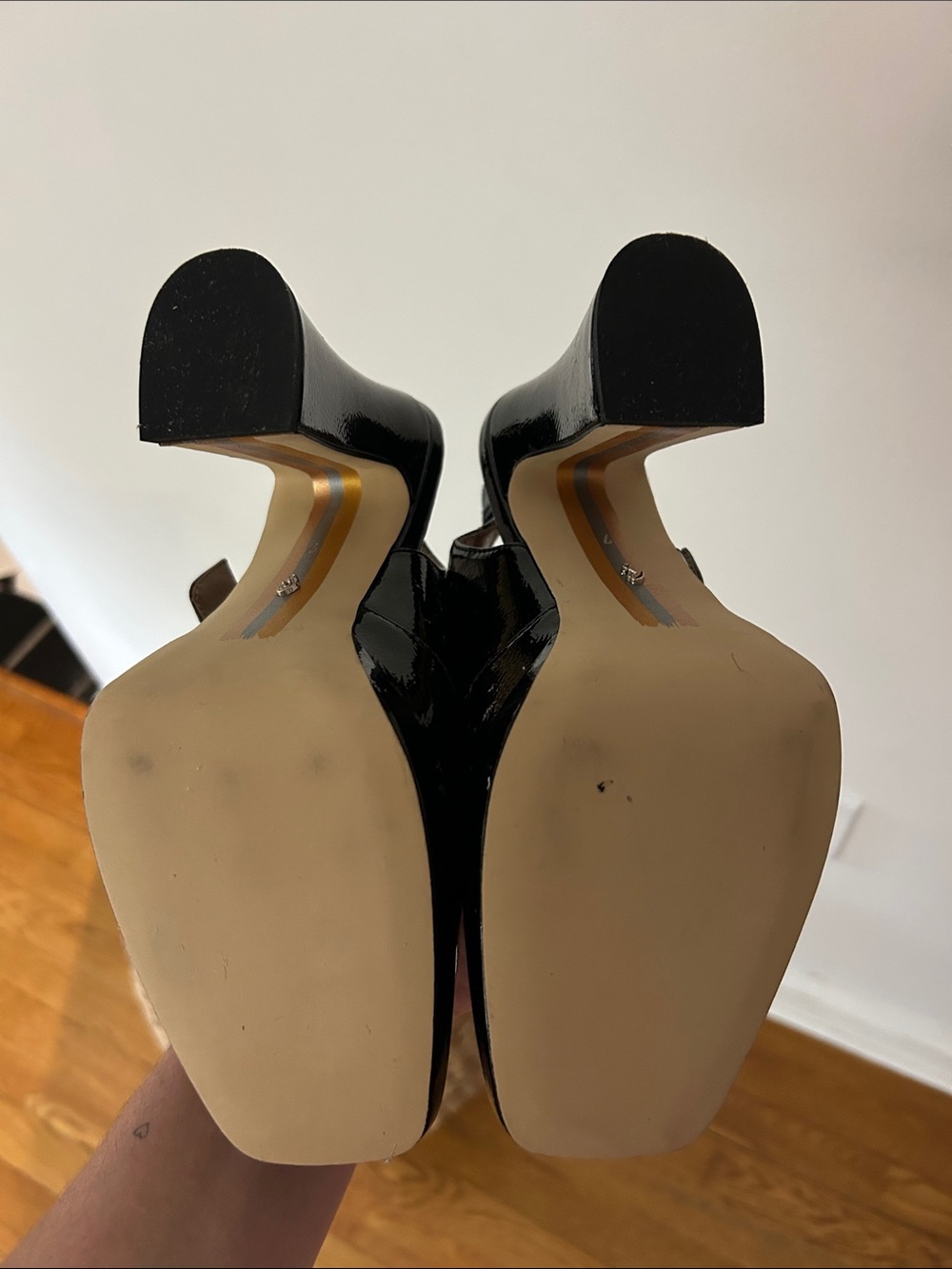 Sam Edelman Black Patent Mary Jane Block Heels with Gold Buckle - Picture 5 of 5
